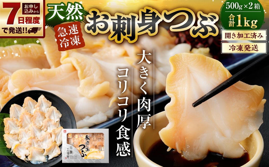 
                  【 7日程度で発送 】 お刺身 つぶ 1kg （ 500g × 2P ） つぶ貝 刺身 スライス 貝類 貝 海鮮 魚介類 海産物 寿司 寿司ネタ バター焼き フライ 海鮮丼 大きい 肉厚 コリコリ 冷凍
                