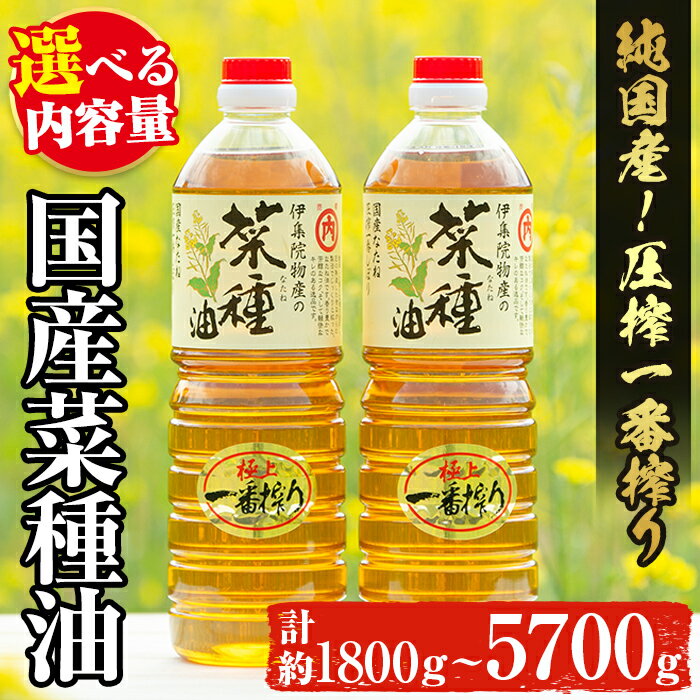 【ふるさと納税】＜先行予約受付中！2024年10月以降順次発送＞《数量限定》選べる4タイプ！国産菜種油(計約1800g～5700g) 国産 九州 鹿児島 油 あぶら ナタネ油 なたね油 調味油 オイル 菜種 一番搾り【伊集院物産】