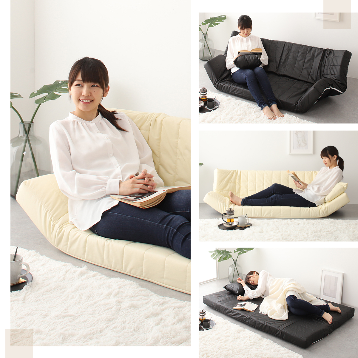 【a064】低反発マルチソファ(ブラック・レザー生地)【配送不可地域：沖縄県、離島】