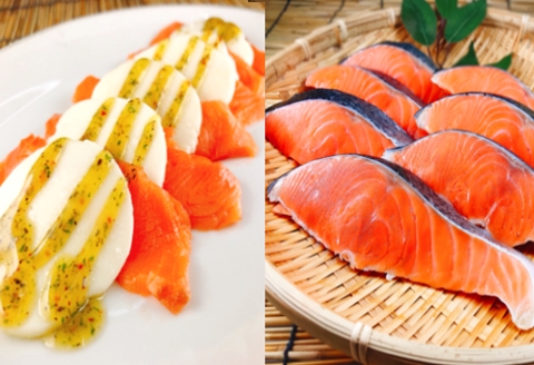 スモークサーモンカプレーゼ20～30P(計3kg)＆塩キングサーモン切り身1切(約100g)×20P E-09010