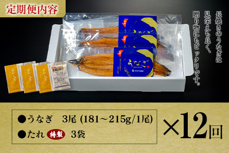 ＜定期便＞3尾×全12回 国産 うなぎ 蒲焼 有頭 計6.5kg以上（1回あたり 計543g以上） たれ付き 宮崎県産 鰻 中村商店