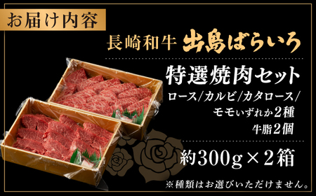 【日本一の和牛】長崎和牛 出島ばらいろ 特選焼肉 セット （ロース カルビ カタロース モモ のいずれか2種類）約300g×2 【合同会社　肉のマルシン】[RCI045]