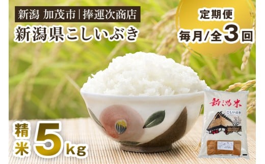 【令和7年産新米先行予約】【定期便3ヶ月毎月お届け】新潟県産こしいぶき 精米 5kg 《10月上旬～順次出荷》 コシイブキ 新潟米 お米 白米 ライス ご飯 加茂市 捧運次商店