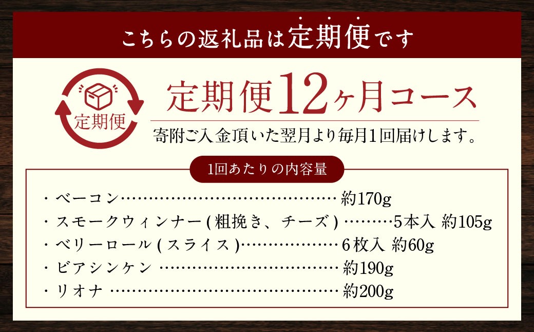 【全12回定期便】家族ワクワクセット ( ベーコン・スモークウィンナー・ベリーロール・ビアシンケン・リオナ ) 長崎県 長崎市