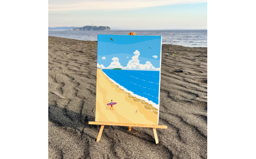 湘南・茅ヶ崎で描く、海を感じるイラストアート 『 湘南ランドスケープ05：波に向かって 』　キャンバスアートパネル（中） /絵画 風景 犬 猫