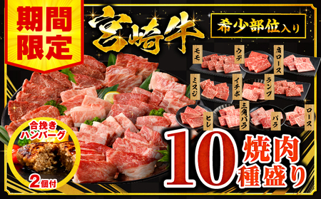 【期間限定】宮崎牛焼肉10種盛り合わせ+合挽きハンバーグ100g×2個 宮崎牛 焼肉 ハンバーグ