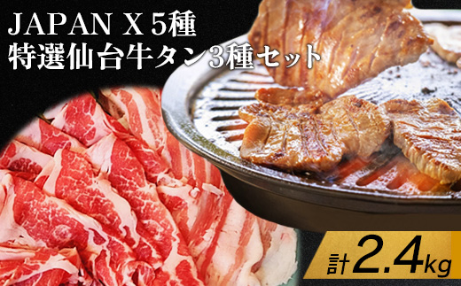 JAPAN X5種と特選仙台牛タン3種セット計2.4kg【塩・味噌・醤油・ロース・肩ロース・豚バラ・豚モモ・小間】【04154】