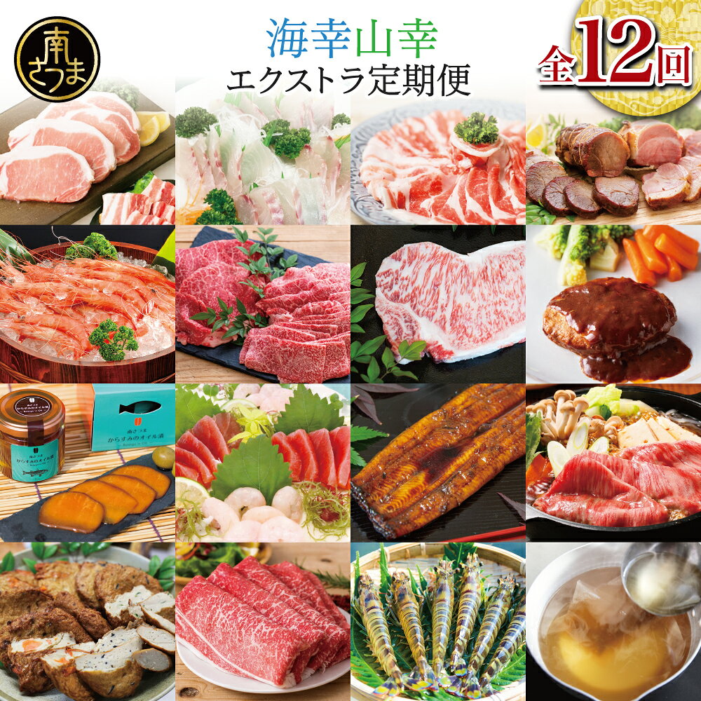 【ふるさと納税】海幸山幸エクストラ厳選定期便（全12回）お肉 お魚 豚肉 牛肉 黒豚 鹿児島黒牛 すき焼き サーロイン ステーキ しゃぶしゃぶ 鰻 蒲焼 刺身用 たかえび 薩摩甘えび 海老 マグロ さつま揚げ 焼豚 ハム ハンバーグ 出汁 鰹節 送料無料 定期配送