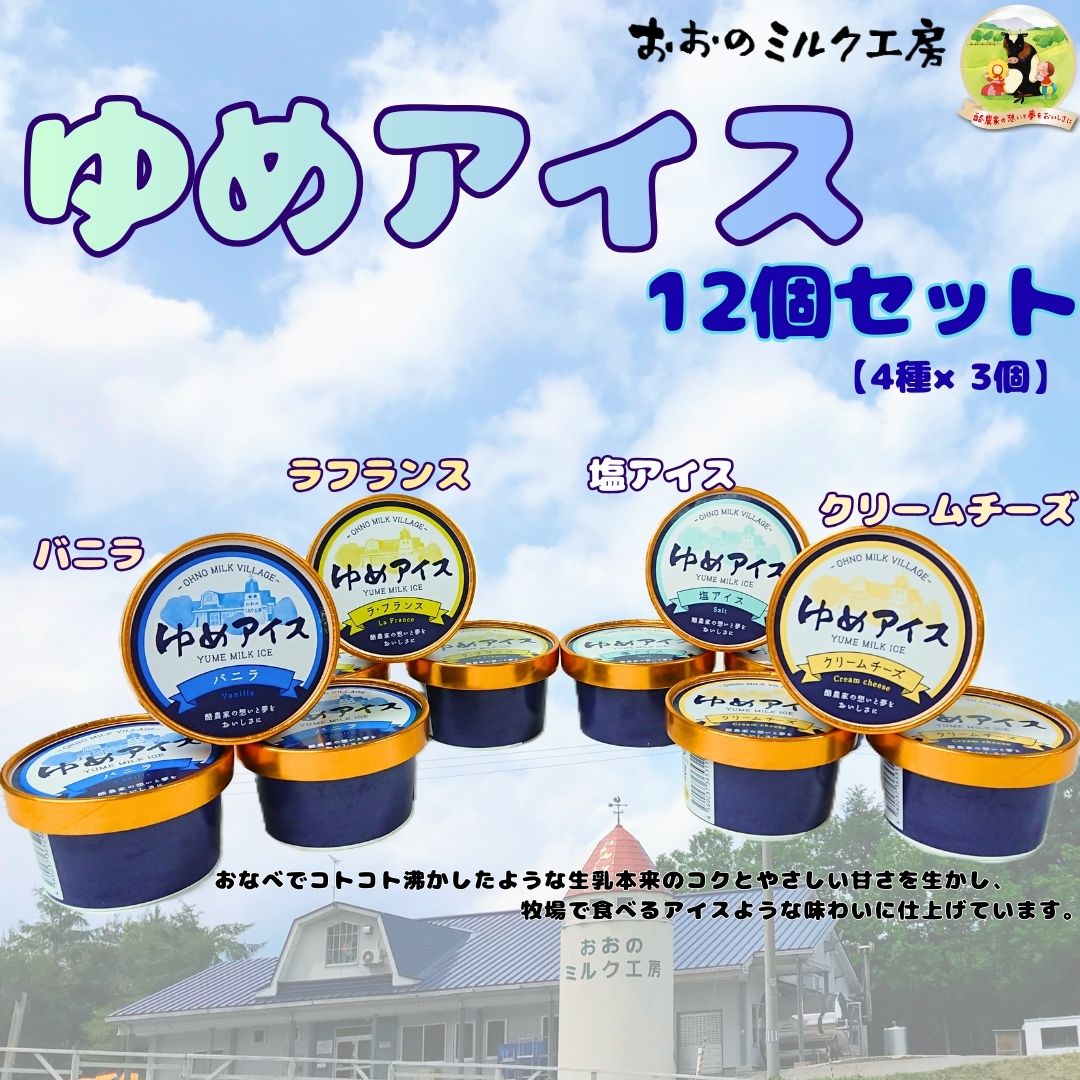 【ふるさと納税】おおのミルク村 ゆめアイス12個セット（バニラ・クリームチーズ・塩バニラ・ラフランス）4種類×3個