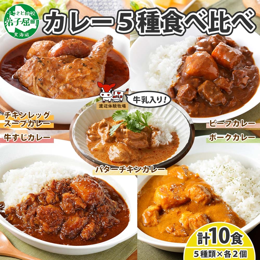 1447. 弟子屈 カレー 5種 計10個 中辛 バターチキンカレー スープカレー ビーフカレー ポークカレー 牛すじカレー 業務用 レトルト 北海道 弟子屈町_イメージ1