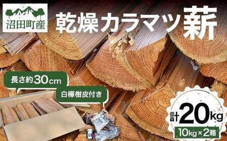 沼田町産 乾燥カラマツ薪 長さ約30cm 20kg 白樺樹皮付き キャンプ アウトドア用品 n-0073