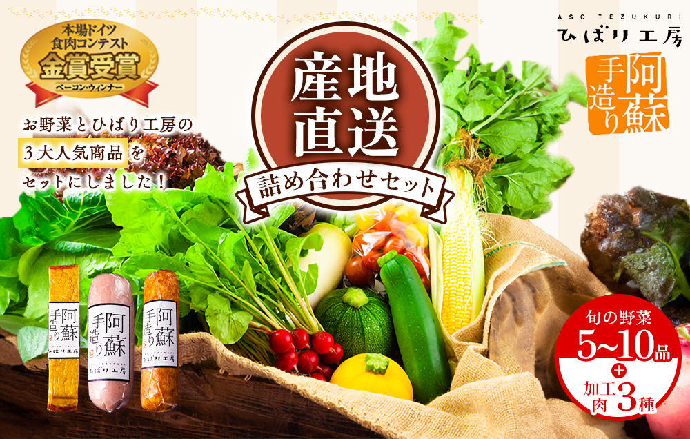 季節のお野菜とひばり工房 3大人気セットver.2 【詰め合わせ 食べ比べ 野菜 ベーコン ハム ソーセージ ドイツ コンテスト suffa 金賞 手作り 豚肉 新鮮 減農薬 旬 産地直送 採れたて 美味しい 人気 熊本 阿蘇 熊本県 阿蘇市】