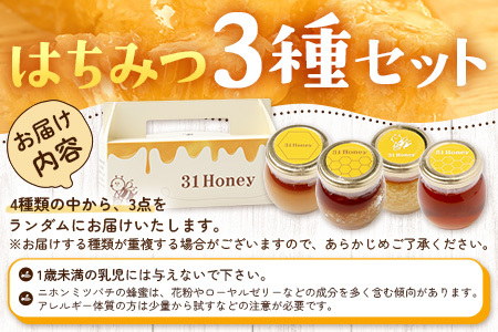 【お歳暮】はちみつ 蜂蜜 3種 セット（100g×3個）31 Honey《数量限定》 MM-1-os ｜国産 はちみつ ハチミツ 蜂蜜 養蜂 ハニー 百花蜜 百花はちみつ 日本みつばち 天然 非加熱 