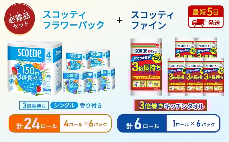 
                  キッチンペーパー 6パック入 スコッティ ファイン 1ロール 3倍 150カット トイレットペーパー シングル フラワーパック 24ロール (4ロール × 6パック)[№5704-1774]
                