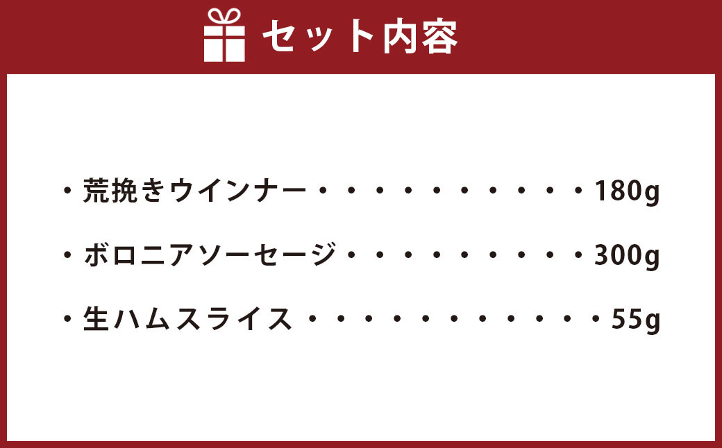 九重”夢”ポーク ハム ・ ソーセージ セット F ( 荒挽きウインナー/ボロニアソーセージ/生ハムスライス) 計535g