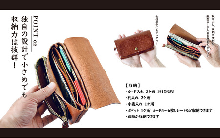  革財布「テヘペロ」 イタリアンレザー 長財布【カラー：コニャック】【財布 革 ファッション かばん バック 小物 カード収納 グリーン グレー ハンドメイド 個性的 】 [e64-t001_04] 