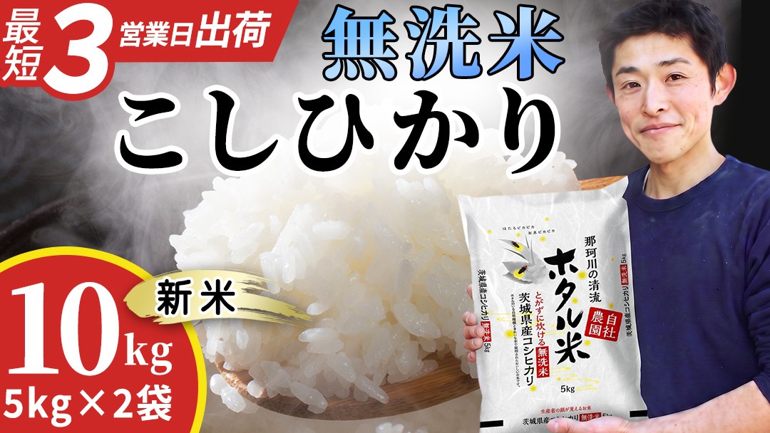 ≪新米≫【無洗米】コシヒカリ ホタル米 10kg 洗わず炊ける！令和8年産 スピード発送 スピード出荷 最短3～7営業日出荷 即納 産地直送 一人暮らし 単身赴任 キャンプ アウトドア 茨城県 城里町 精白米 米 ご飯 こしひかり 白米 精米 単一原料米 (AX078)