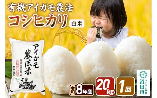 令和8年産【白米】有機アイガモ農法コシヒカリ 20kg（5kg×4袋）金井農園 [こしひかり コシヒカリ 白米 精米 お米 1回だけ 1回のみ]