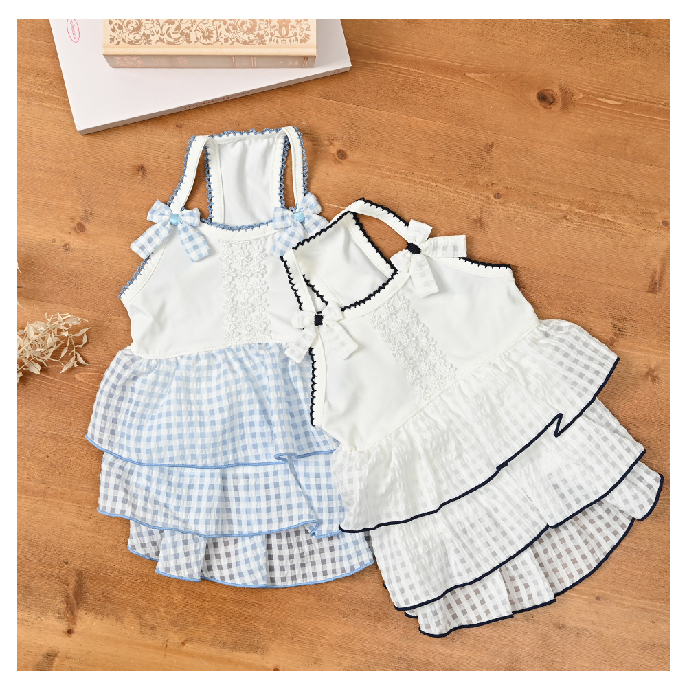 冷感素材ギンガムフリルキャミソール  ホワイト×ブラック (L) 涼感 ドッグウェア 【ココアトワ(cocoAtoi)】