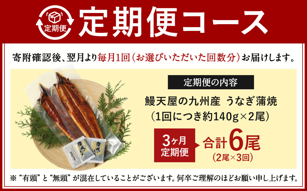 【3ヶ月定期便】鰻天屋の 九州産 うなぎ 蒲焼 約140g×2尾 セット