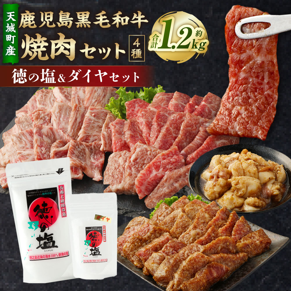 【ふるさと納税】【セット】 天城町産 鹿児島育ち 鹿児島 黒毛和牛 焼肉 セット（ 4種 盛り ） 計約1.2kg 徳の塩 ・ ダイヤ セット 計約230g 総計約1.43kg 黒毛和牛 和牛ロース 和牛カルビ 焼き肉 BBQ バーベキュー お肉 牛肉 塩 ソルト 海塩 国産 鹿児島県 天城町 送料無料