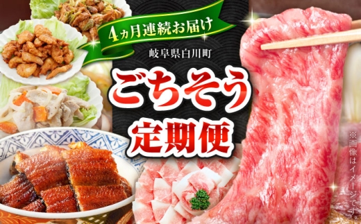 【 4回 定期便 】 白川のごちそうお届け定期便 （飛騨牛・豚肉・鶏肉・うなぎ）/ 豪華定期便 便利な定期便 お肉 肉 魚 魚介 バラエティ 全4回 飛騨牛 牛肉 すき焼き 霜降り 肩ロース 日本一 和牛 ブランド牛 冷凍 / 豚肉 しゃぶしゃぶ 豚しゃぶ スライス ロース 無薬育ち / 鶏肉 味付き 鶏ちゃん ケイちゃん / うなぎ 鰻 蒲焼 希少部位 タレ付き / 白川町 [AWCE012]