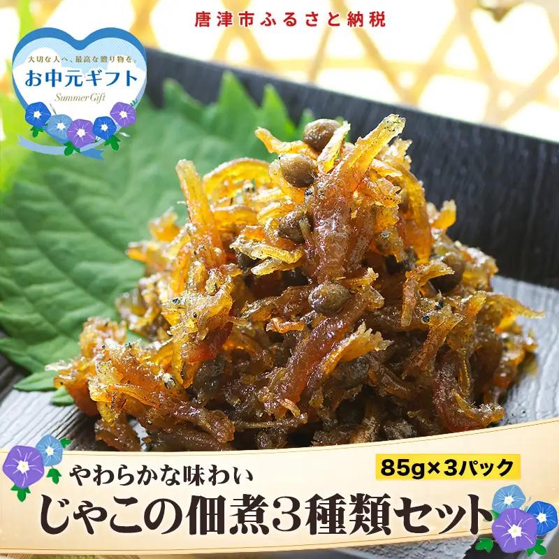 「お中元」唐津自慢 じゃこの佃煮 3種類セット(山椒の実入・山椒の実入(青唐辛子)・落花生入)×各85g ご飯のお供 おかず おつまみ 詰合せ 佃煮