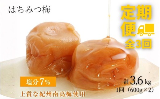 【定期便全3回】【塩分7％】はちみつ梅干し1.2kg 紀州南高梅 和歌山県産[ご家庭用]baijuen-tkb001