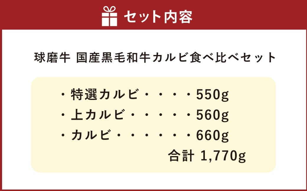 球磨牛 国産 黒毛和牛カルビ（計1,770g）食べ比べセット
