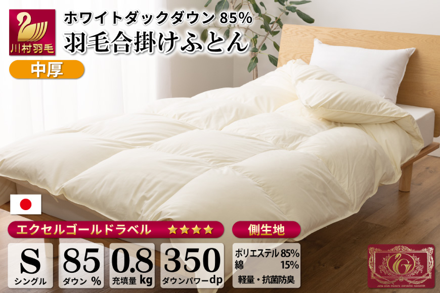 【春秋用】 中厚 羽毛 合掛け 布団 シングル ホワイトダックダウン 85％ 0.8kg (無地 アイボリー)  [川村羽毛 山梨県 韮崎市 20743639] 羽毛布団 日本製 エクセルゴールドラベル