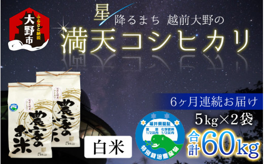 【先行予約】【令和8年産 新米】【6ヶ月定期便】星降るまち 越前大野の「満天コシヒカリ」白米 10kg（5kg×2袋） × 6回 計 60kg 小分け 農薬・化学肥料50%以上カットの特別栽培米