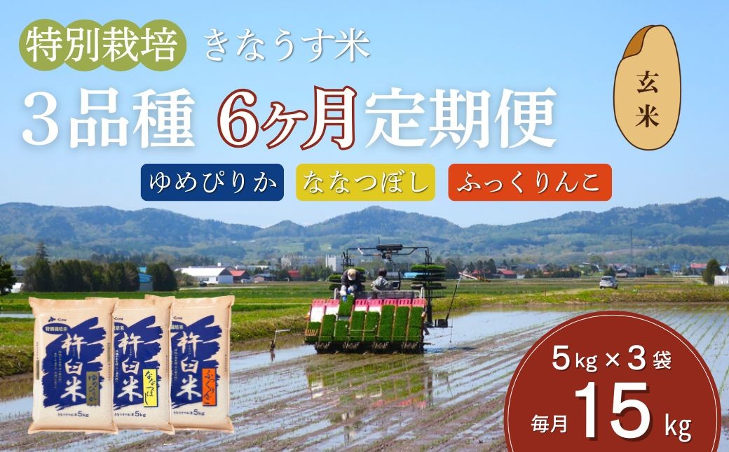 【玄米6ヶ月定期便食べ比べセット】特別栽培「きなうす米」 毎月3品種×5kg計15kg　R003