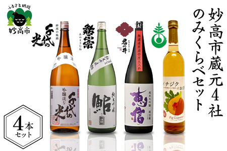 妙高市蔵元4社のみくらべセット お酒 日本酒 地酒 吟醸酒 辛口 純米吟醸 甘口 純米 大吟醸 火入れ イチジク リキュール 芳醇 7% 飲み比べ 晩酌 おうち時間 家飲み お取り寄せ ご当地 名産品 プレゼント 贈り物 贈答 お歳暮 新潟県 妙高市