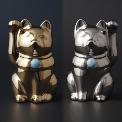 ふるさと納税 瀬戸市 【招き猫】瀬戸焼 Jeramic 2体セット ゴールド&amp;プラチナ ミルキーアクアマリン (3月)