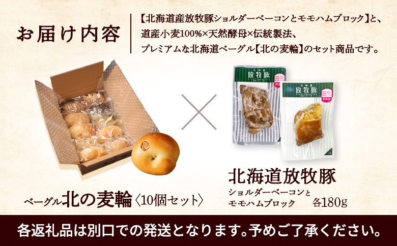 「北海道放牧豚ショルダーベーコンとモモハムブロック」とトモヱベーグル「北の麦輪」10個セット【C9016AA0101】
