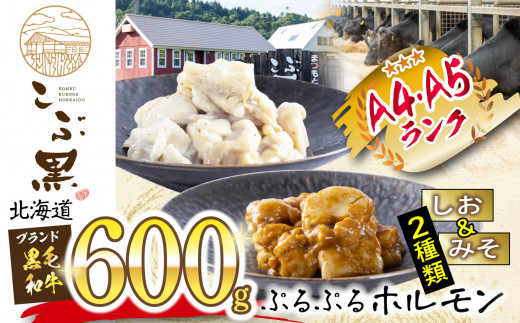 
北海道産 黒毛和牛 こぶ黒 しお ＆ みそ ホルモン 計 600g ( 各 300g ) 黒毛和牛 和牛 ぷるぷる 和牛 塩 味噌 ホルモン もつ モツ
