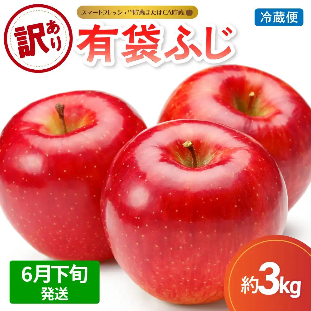 【2026年6月下旬発送】【訳あり】りんご 3kg 有袋ふじ 【スマートフレッシュTM貯蔵またはCA貯蔵・クール便】
