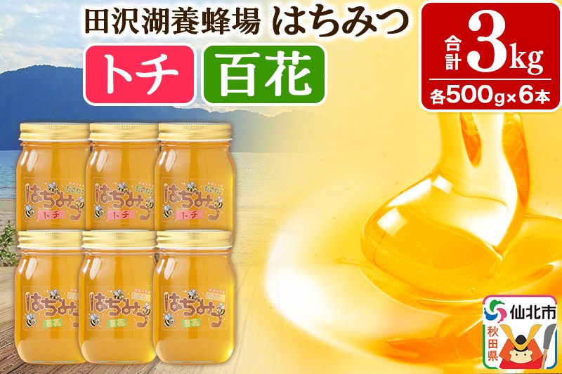 秋田県産はちみつ（トチ・百花）500g×各3本 合計3kg 化粧箱入り 詰め合わせセット 田沢湖養蜂場 [蜂蜜 はちみつ ハチミツ 国産]|02_tyj-180301
