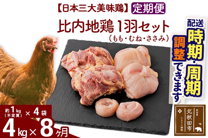 《定期便8ヶ月》 比内地鶏 1羽セット（もも・むね・ささみ） 約4kg（約1kg（不定貫）×4袋）×8回 計32kg 時期選べる お届け周期調整可能 8か月 8ヵ月 8カ月 8ケ月 32キロ 国産 冷凍 正肉 鶏肉 鳥肉|jaat-021408