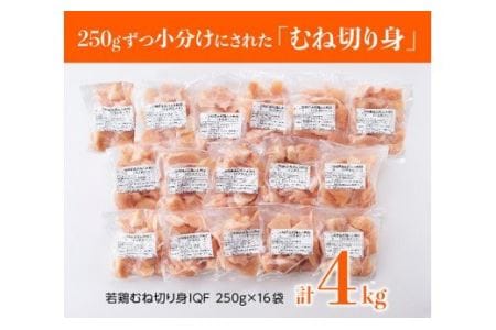 鶏肉 【宮崎県産若鶏ムネ切身IQF】4kg (250ｇ×16袋)  瞬間凍結 小分け 鶏肉