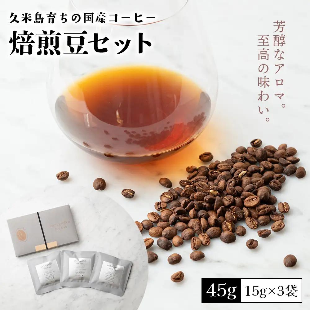 久米島育ちの国産コーヒー『焙煎豆セット』45g（15ｇ×3袋） 希少 高品質 国産100％ 久米島コーヒー ナチュラル 至福 特別 贅沢 芳醇 至高 コーヒー栽培 自然 6次産業化 お中元 お歳暮 ギ