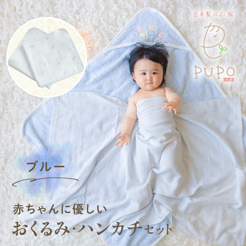 【ふるさと納税】赤ちゃんに優しいおくるみ・ハンカチセット［ブルー］ おくるみ フード付き ガーゼハンカチ ガーゼ ハンカチ 沐浴 授乳 普段使い タオル ベビー用品 ベビーグッズ 赤ちゃんグッズ 赤ちゃん ベビー 便利 贈り物 ギフト 国産 日本製 宮崎県 高千穂町 送料無料
