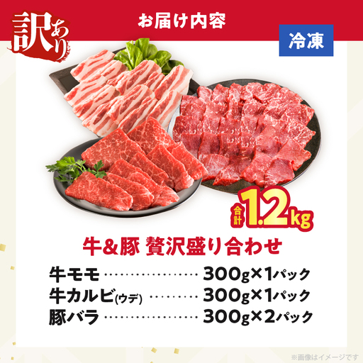【2週間以内発送】≪訳あり≫牛&豚 贅沢盛り合わせ（牛モモ・カルビ・豚バラ）合計1.2kg 肉 牛 豚 豚肉 牛肉 おかず 国産_T025-045