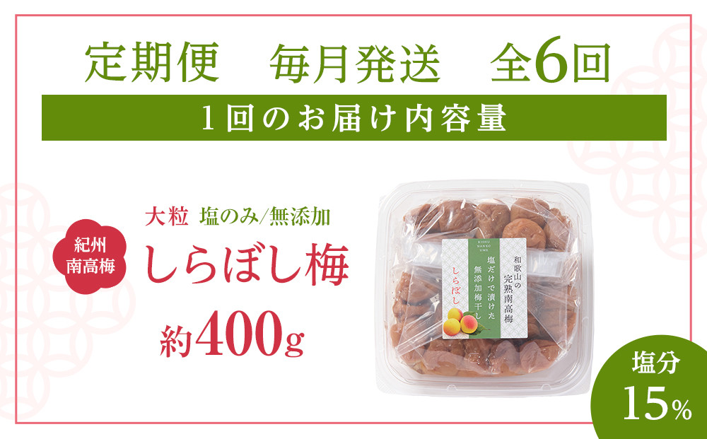 梅干し しらぼし梅 約400g 塩のみ 無添加 大粒 紀州南高梅 塩分約15％ 和歌山県産 [ 定期便 毎月発送・全6回 ]
