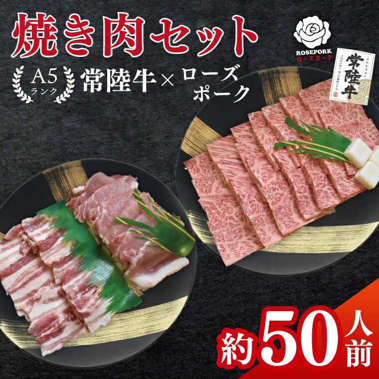【ふるさと納税】常陸牛A5ランク・ローズポーク焼肉セット　合計約50人前！｜焼肉 BBQ カルビ ロース バラ 国産牛 和牛 牛肉 豚肉 茨城県 水戸市 国産 老舗精肉店（EK-89）