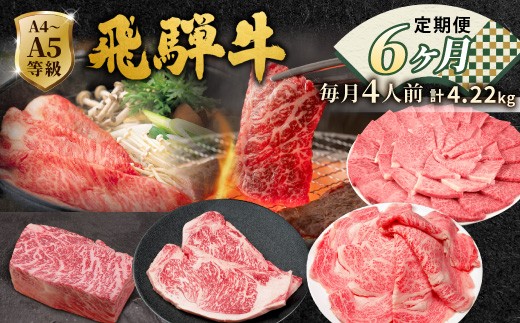 全6回 飛騨牛 定期便 約4.22kg 4人前 すき焼き しゃぶしゃぶ ステーキ 焼肉 BBQ ロース カタロース ロースステーキ モモ カタ 贅沢 贈り物 6ヶ月 定期 おすすめ 選べる 人気 飛騨 ブランド牛 肉のひぐち 肉のひぐち 岐阜県 七宗町