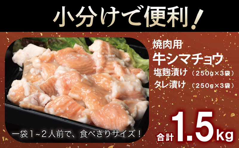 【お中元】 牛シマチョウ 焼肉用 塩麹・タレ漬けセット 合計1.5kg【味付け 小分け 焼くだけ 簡単調理 BBQ 牛肉 ホルモン 250g×6袋】 099H3379t