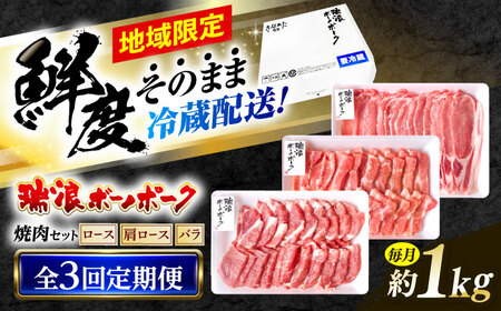 【3回定期便】 ※冷蔵配送/地域限定※ 岐阜県産 豚 瑞浪ボーノポーク 焼肉 1kg 食べ比べセット (ロース・肩ロース・バラ) 瑞浪市 / きなぁた瑞浪[AZCI056]