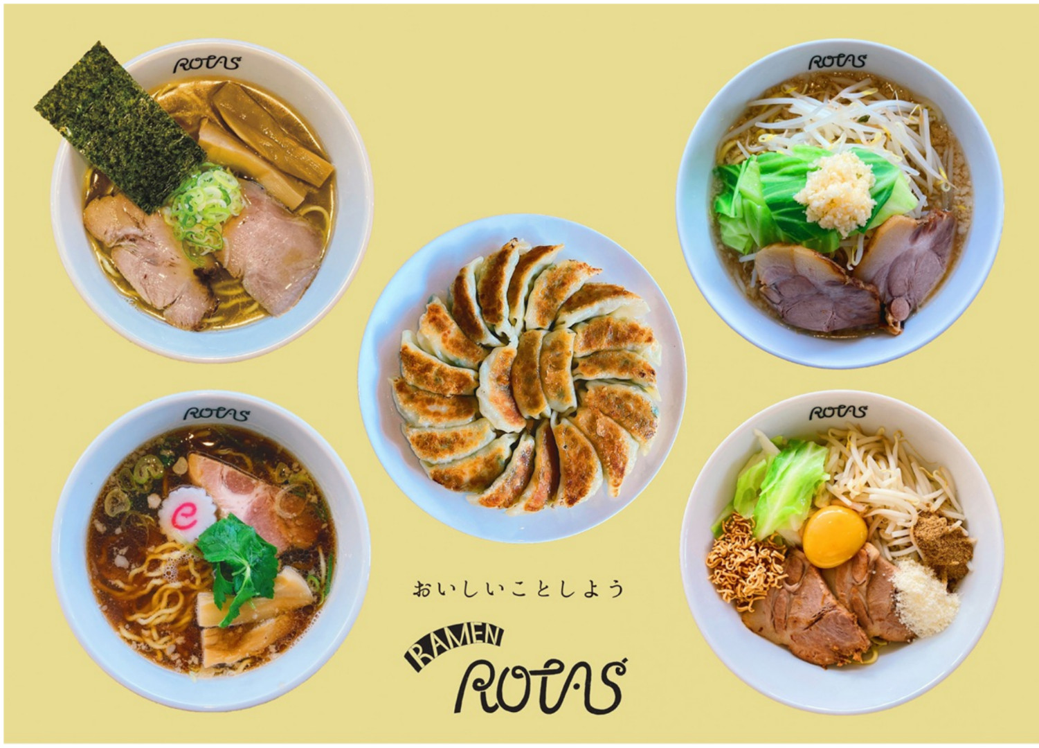 
ラーメン４種とギョーザセット　（煮干ラーメン・正油クラッシック・豚そば・まぜそば・ゲーシーギョーザ）
