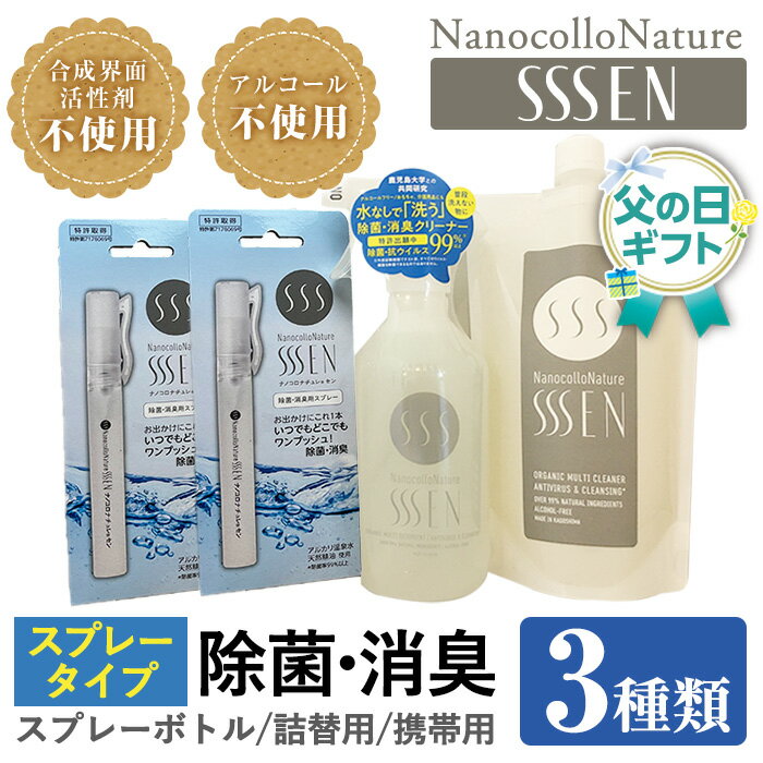 【ふるさと納税】＜父の日ギフト 2025＞除菌・消臭スプレータイプセット(3種・スプレーボトル400ml×1本＋詰替用400ml×1本＋携帯用9ml×2本)！ナノコロナチュレSSSEN クリーナー 掃除 携帯 防災 災害 衛生用品 加齢臭 汗臭 生乾き臭 父の日 メッセージカード付【Nexting】